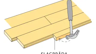 Slagbräda används för att skarva reglar vid golvläggning. Hammaren visar hur man slår ihop brädorna.
