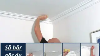 Man lagar sprickor i taket med spackel och sandpapper. Flera bilder visar hur man gör.